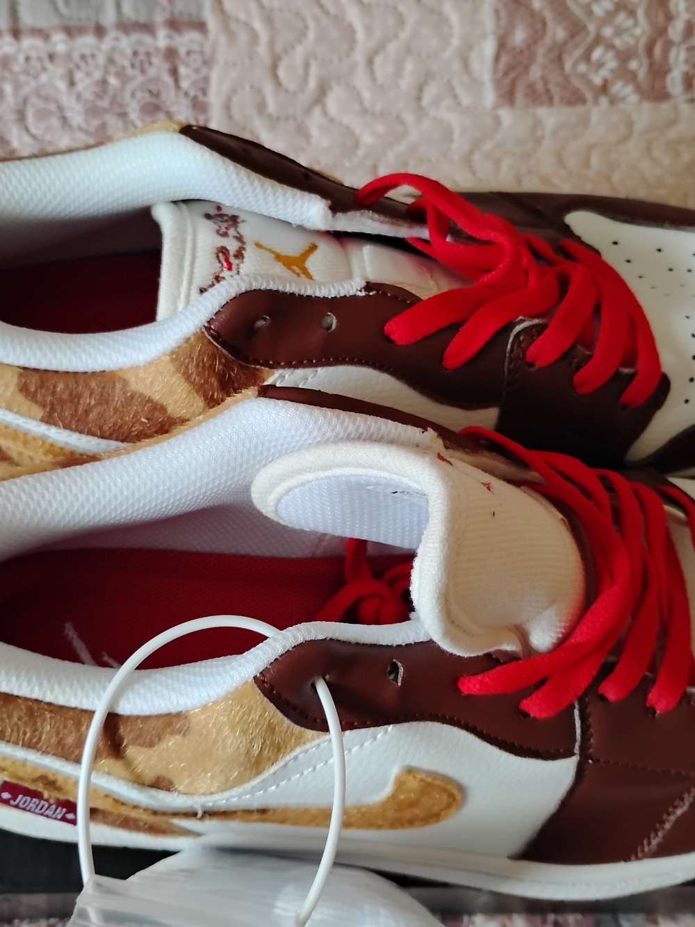 Nike Brown White Sneakers with Red Laces and Gold Swoosh